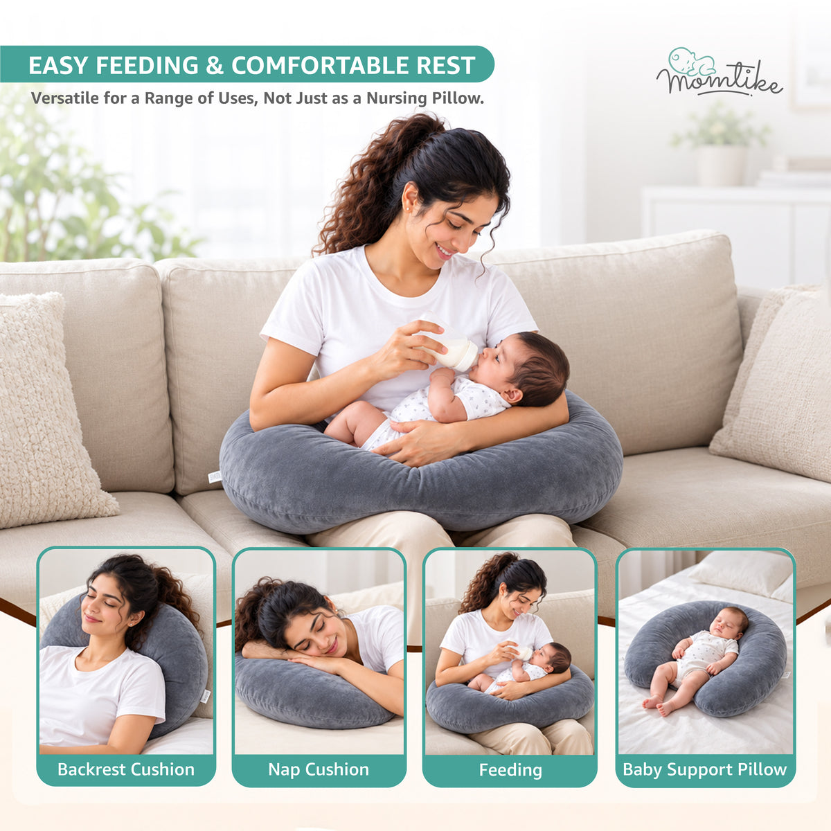 Baby Feeding Pillow | Soft Velvet | Grey