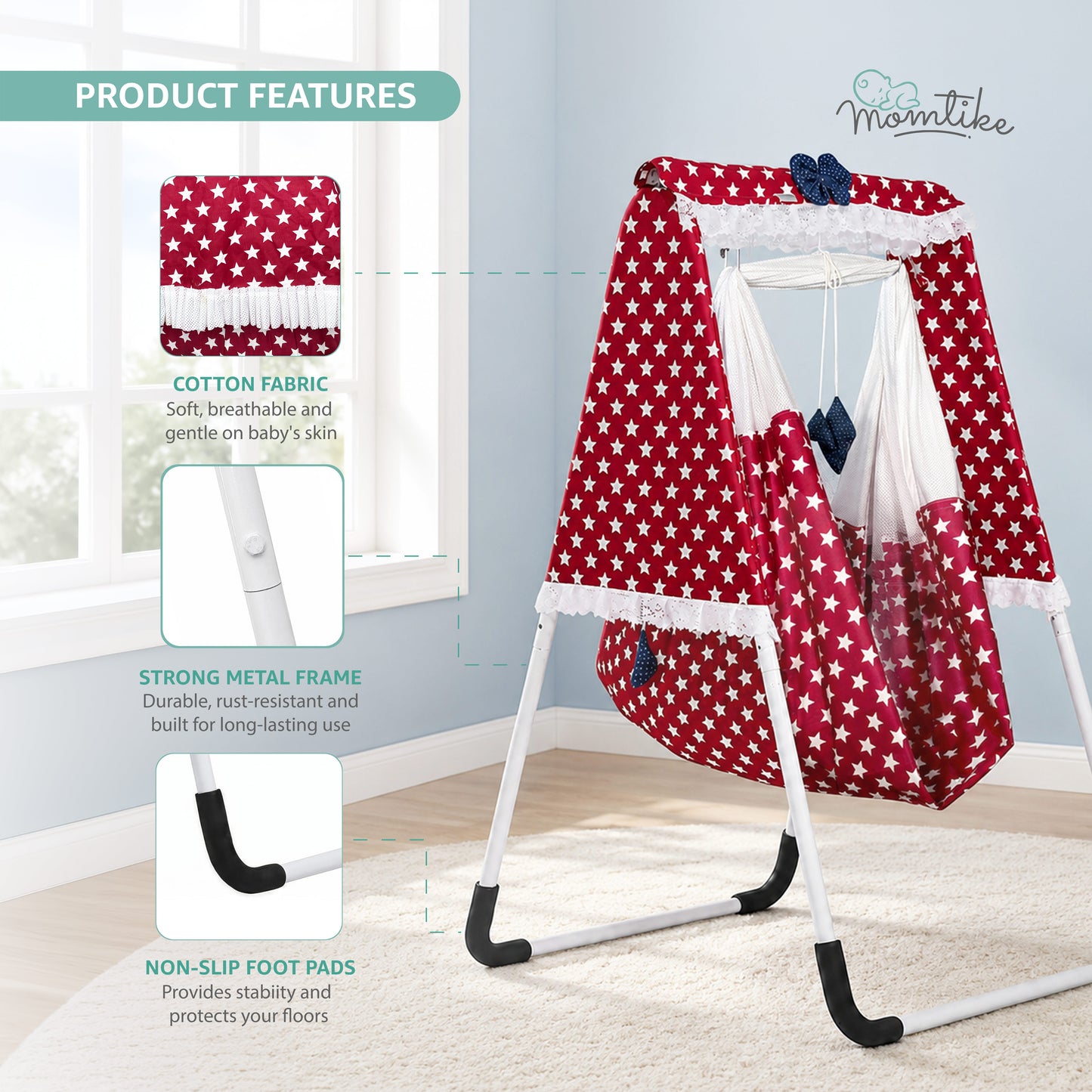 Baby Swing Cradle with Stand | Cotton Cloth, Mosquito Net & Pad | Up to 9kg