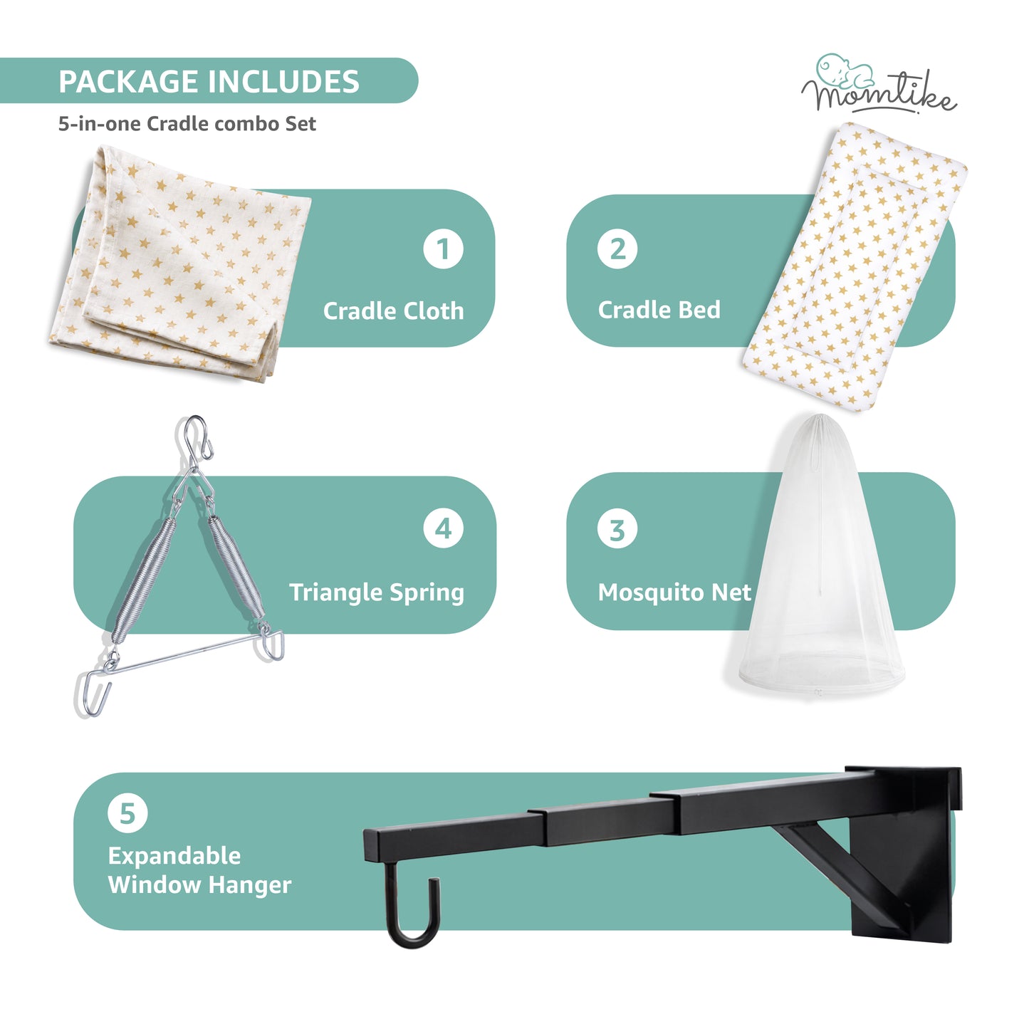 Momtike Pack of 5 Baby Bed Cradle | Full Set LT Green Star