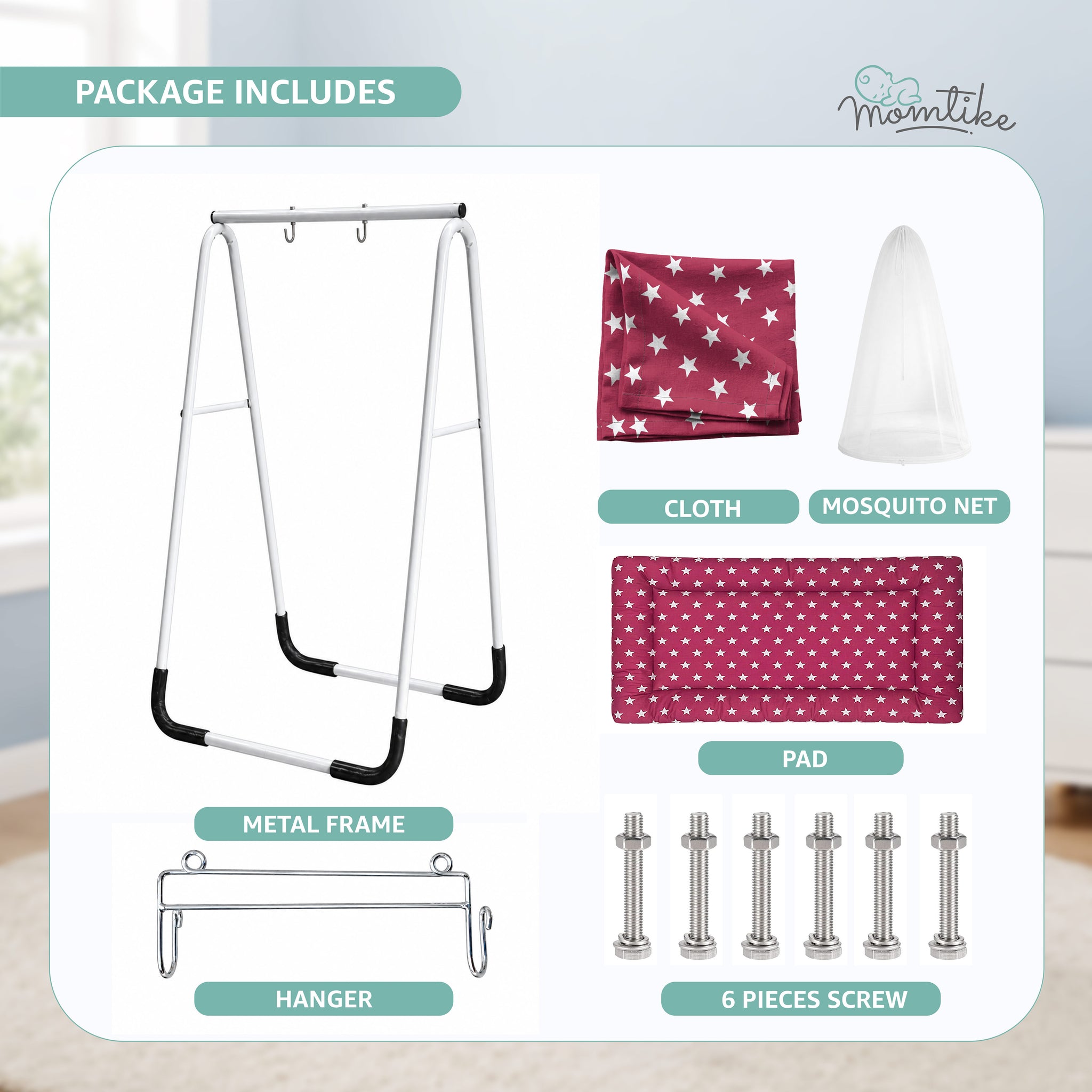 Baby Swing Cradle with Stand | Cotton Cloth, Mosquito Net & Pad | Up to 9kg