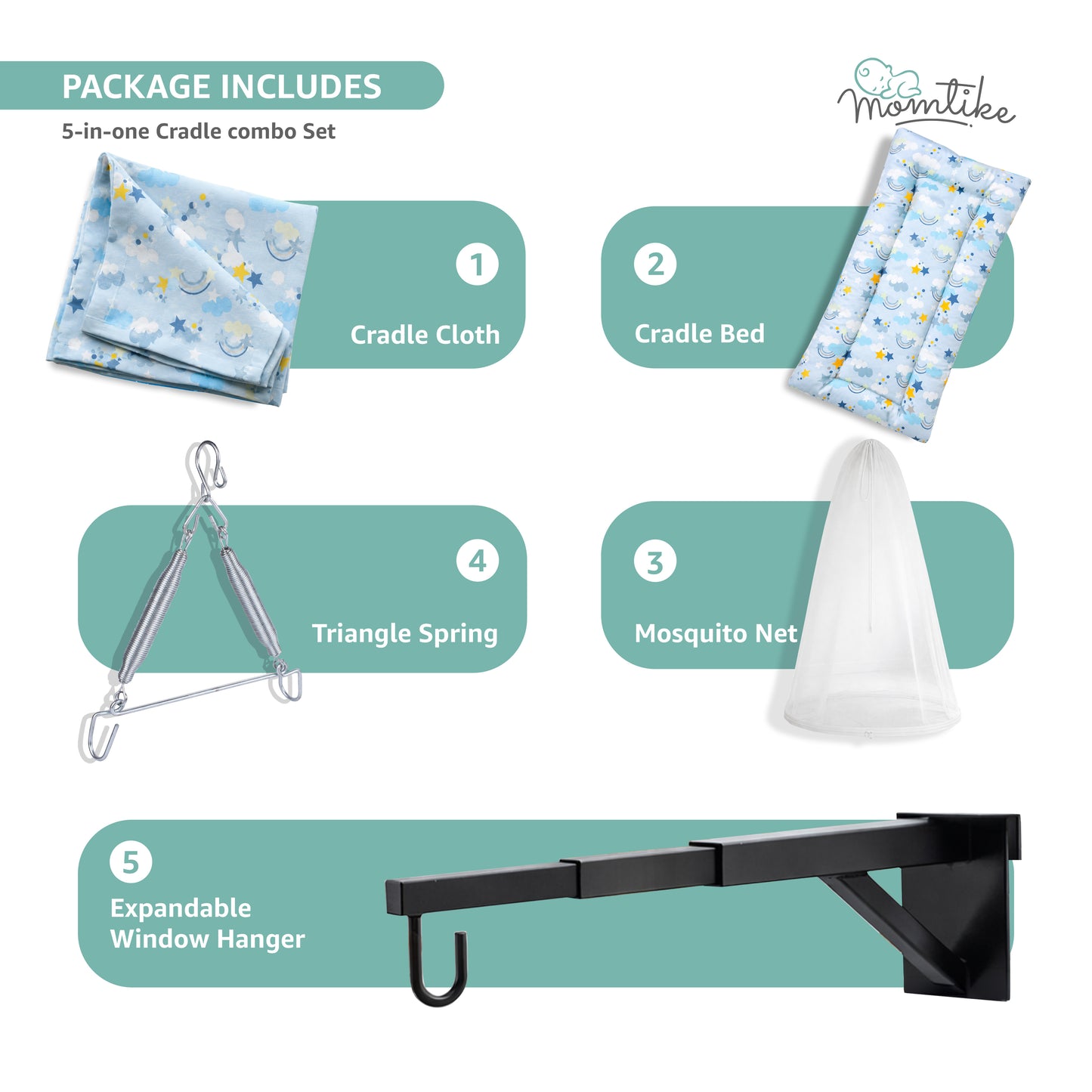 Momtike Pack of 5 Baby Bed Cradle | Full Set Sky Blue Print