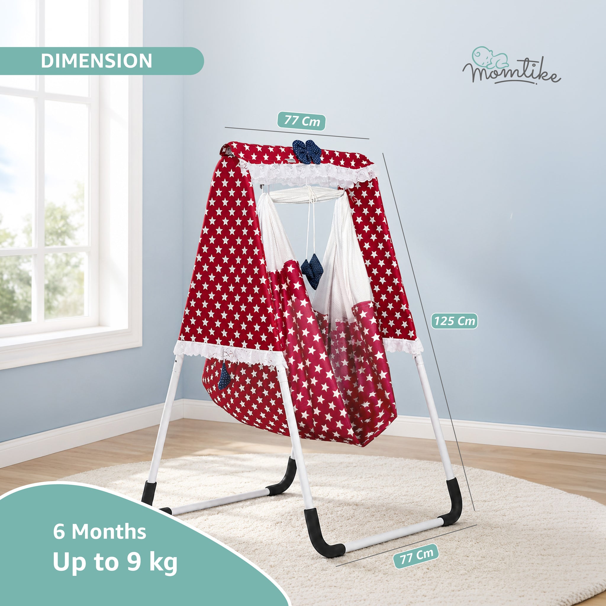 Baby Swing Cradle with Stand | Cotton Cloth, Mosquito Net & Pad | Up to 9kg