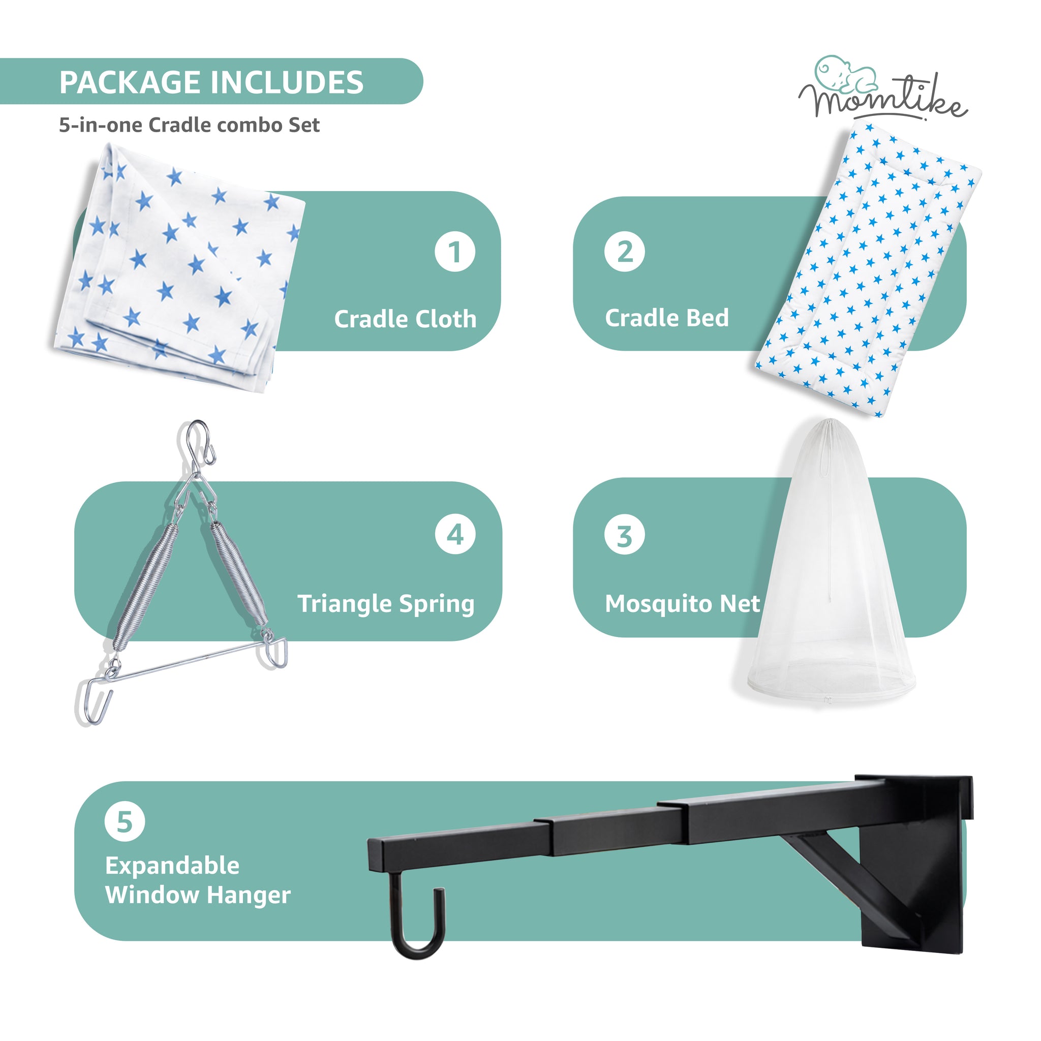 Momtike Pack of 5 Baby Bed Cradle | Full Set LT Blue Star