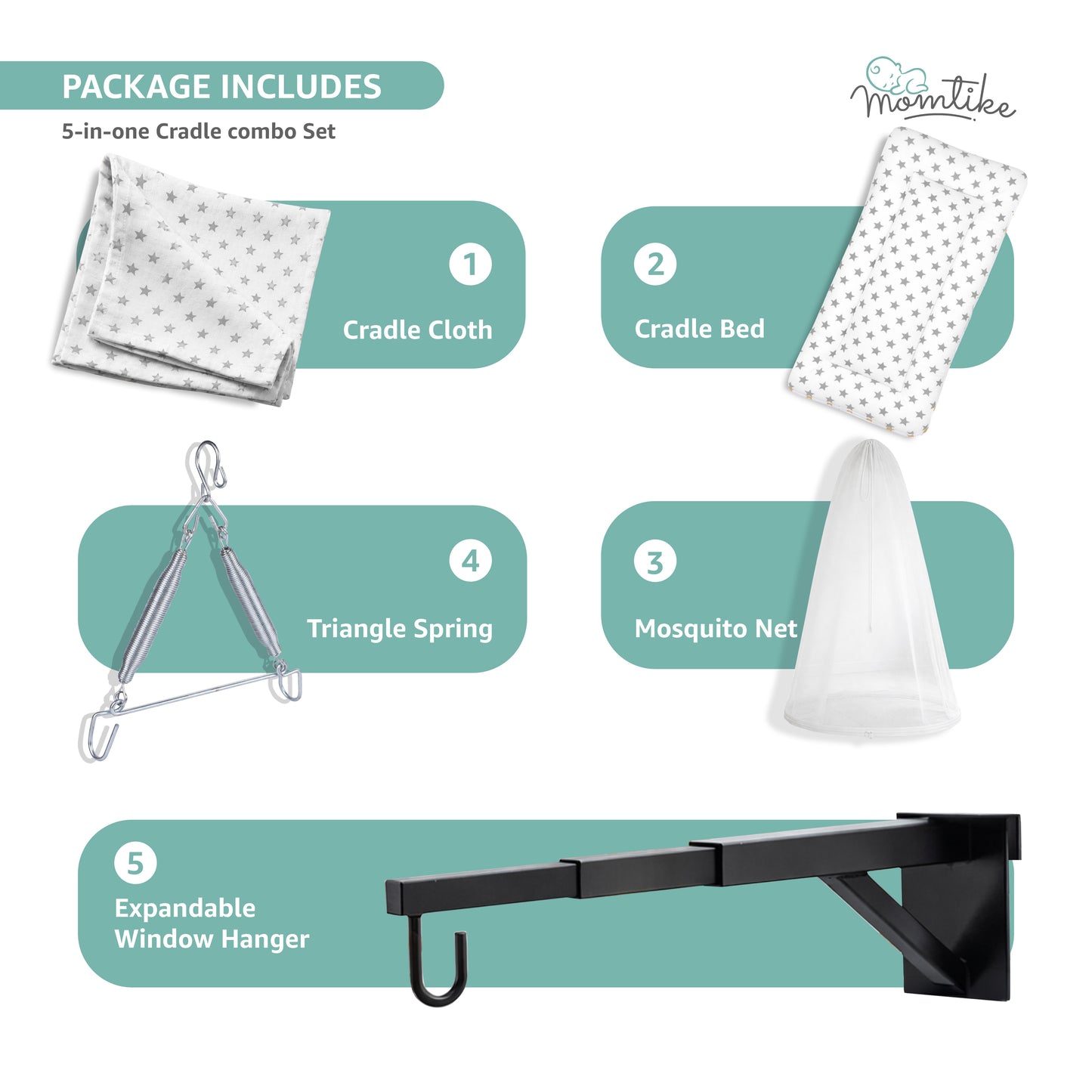 Momtike Pack of 5 Baby Bed Cradle | Full Set LT Grey Star