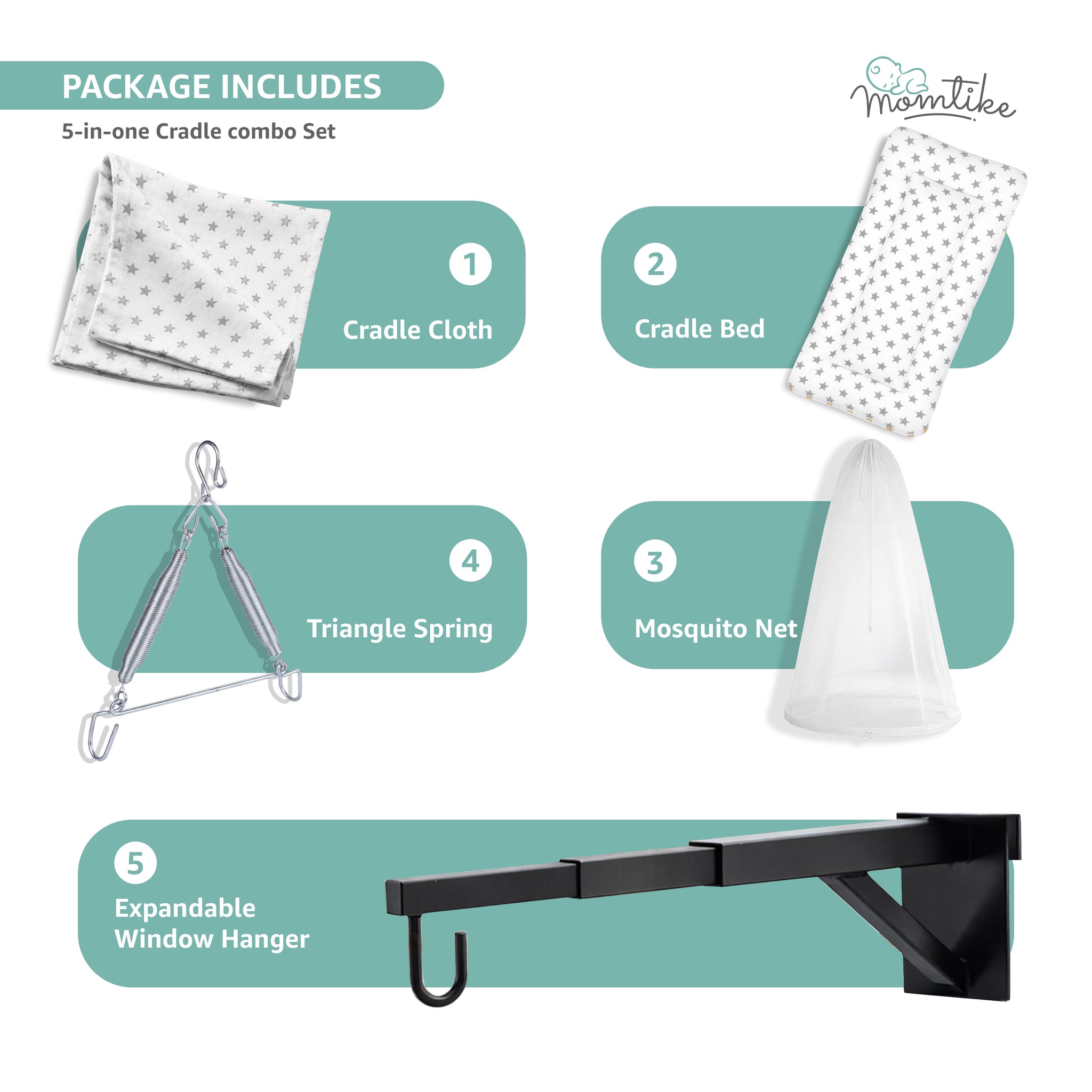 Momtike Pack of 5 Baby Bed Cradle | Full Set LT Grey Star